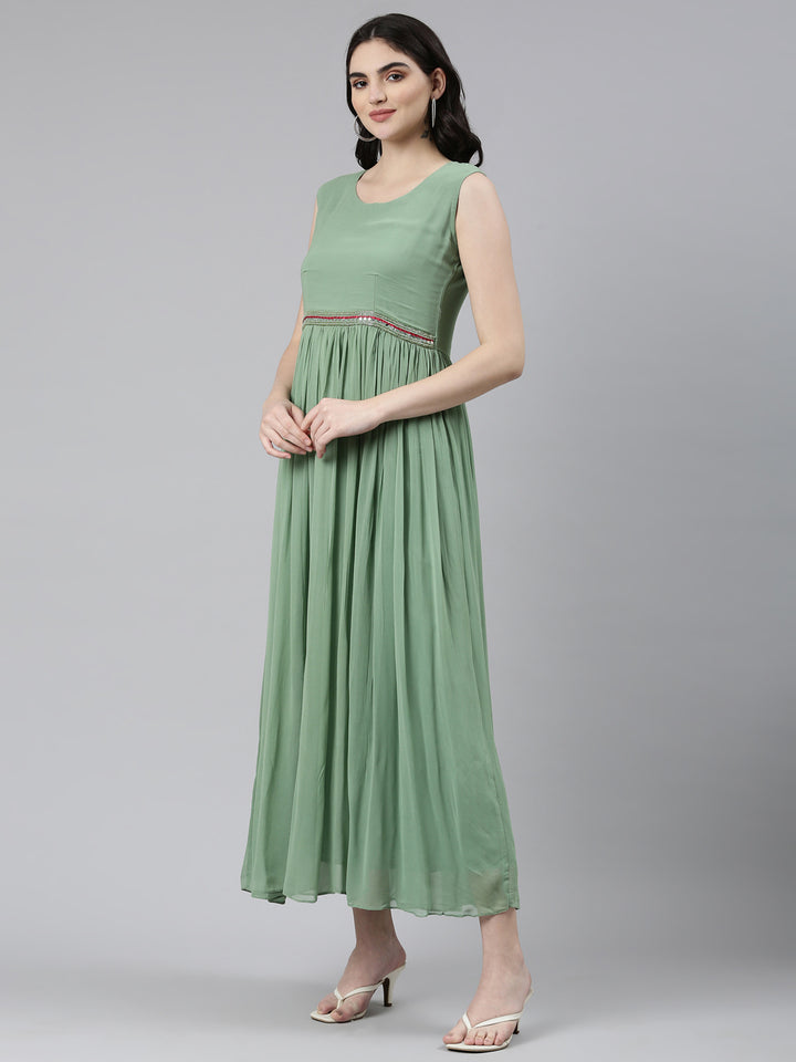 Neerus Green Pleated Anarkali Embellished Kurta