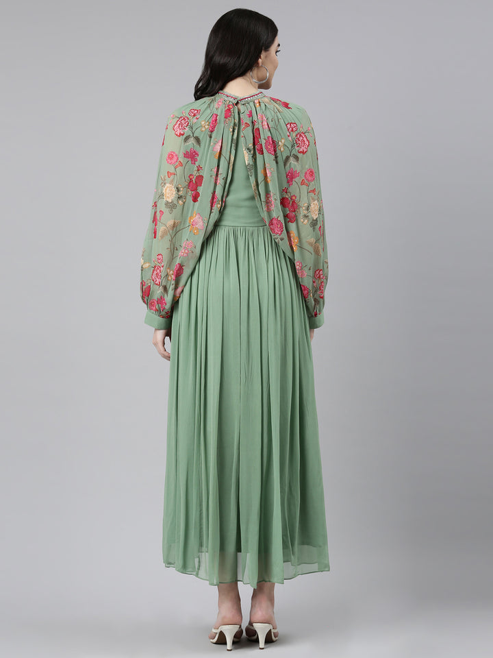 Neerus Green Pleated Anarkali Embellished Kurta