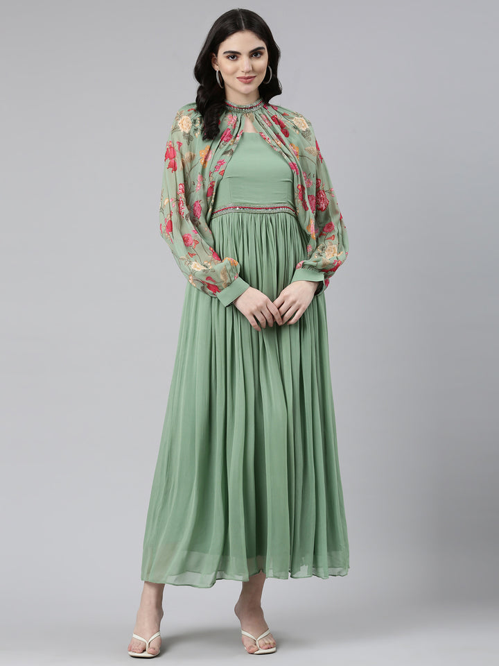 Neerus Green Pleated Anarkali Embellished Kurta
