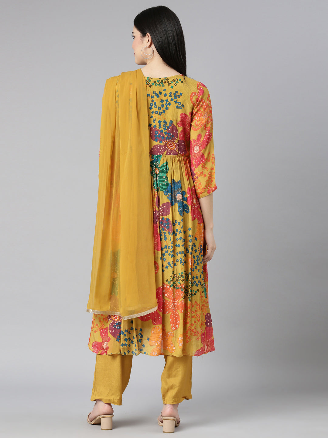 Neerus Mustard Pleated Straight Floral Kurta And Trousers With Dupatta