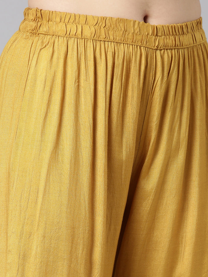 Neerus Mustard Pleated Straight Floral Kurta And Trousers With Dupatta