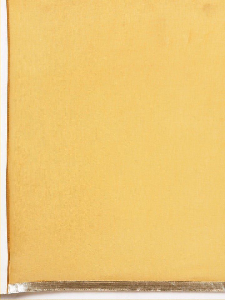 Neerus Mustard Pleated Straight Floral Kurta And Trousers With Dupatta