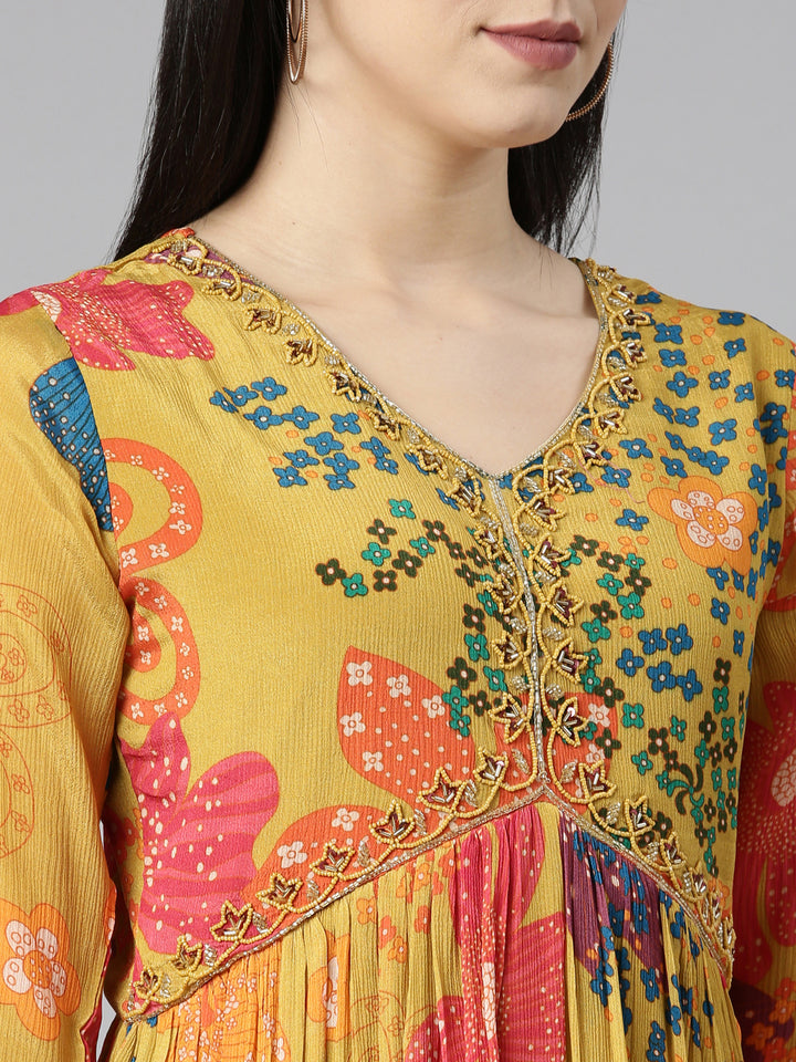 Neerus Mustard Pleated Straight Floral Kurta And Trousers With Dupatta