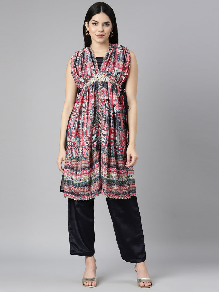 Neerus Multi crepe printed kurta set with trousers - front view