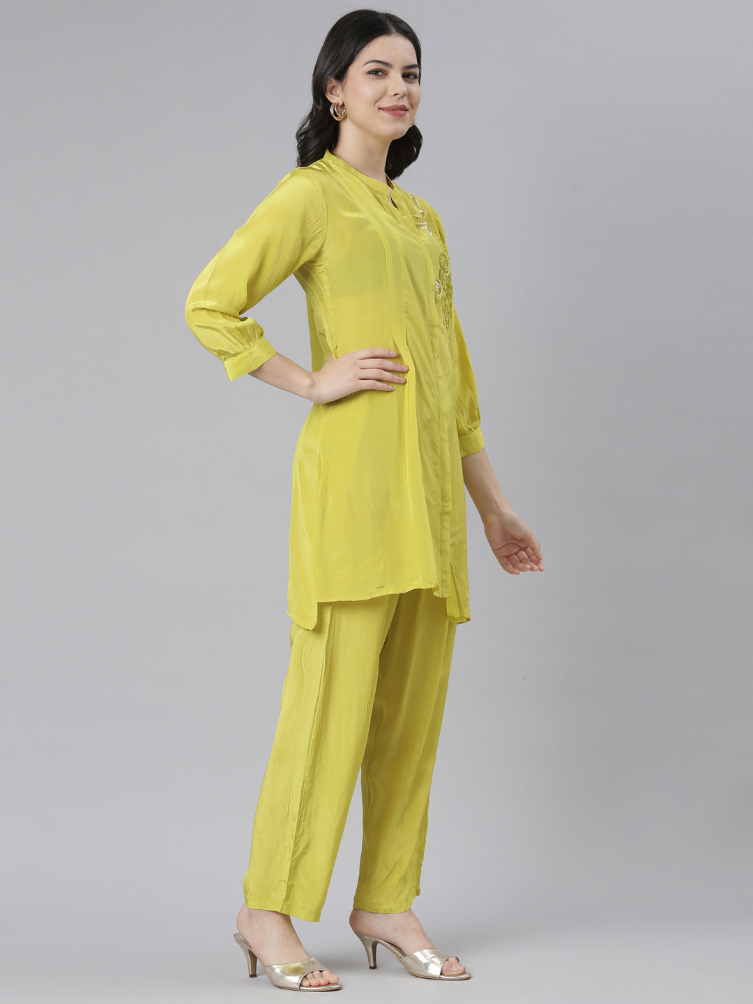Neerus Green solid straight kurta set with trouser - back view
