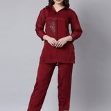 Neerus Maroon Regular Straight Solid Top And Trousers