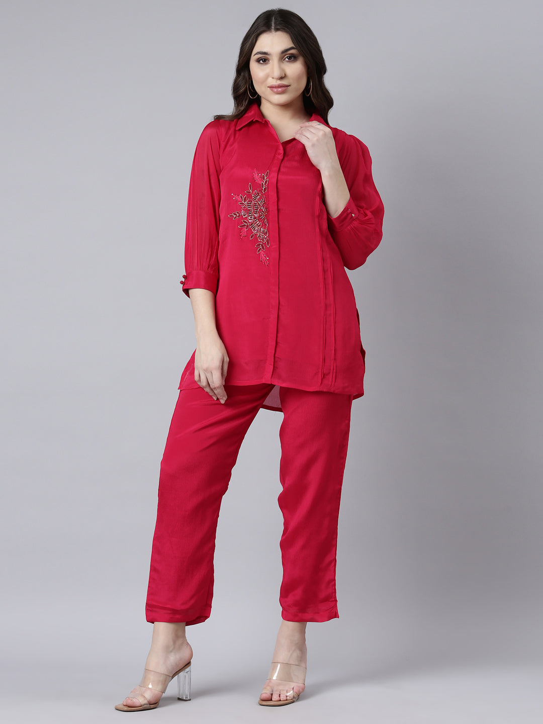 Neerus Pink solid straight co-ord set top and trouser - front view
