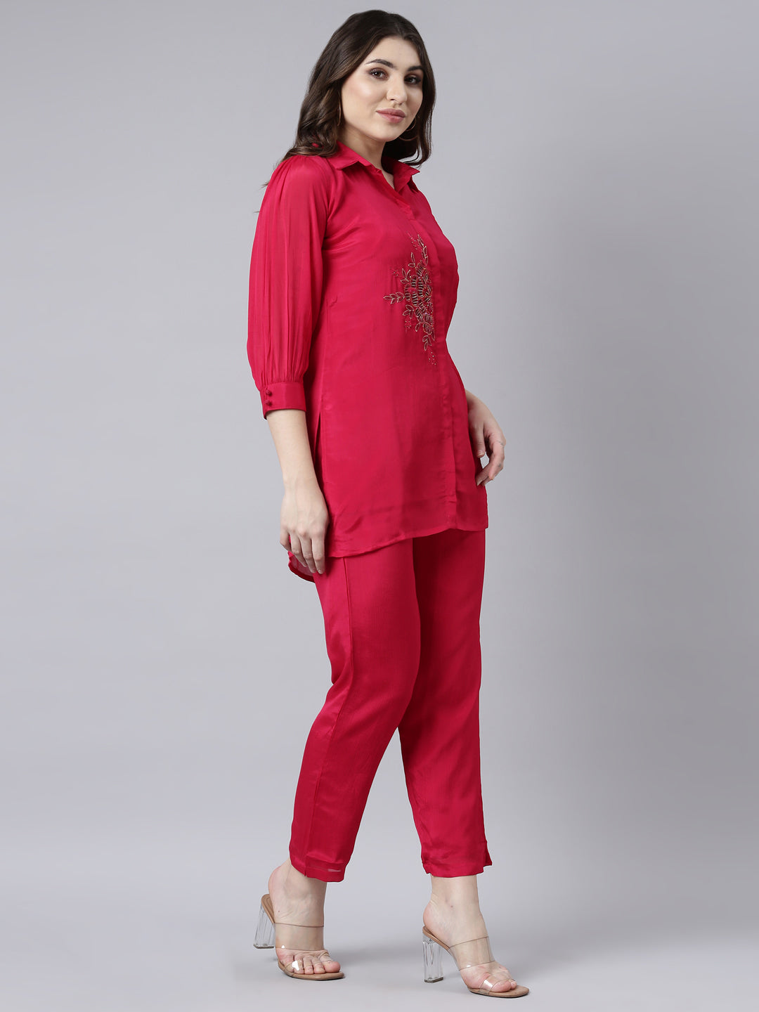 Neerus Pink solid straight co-ord set top and trouser - back view