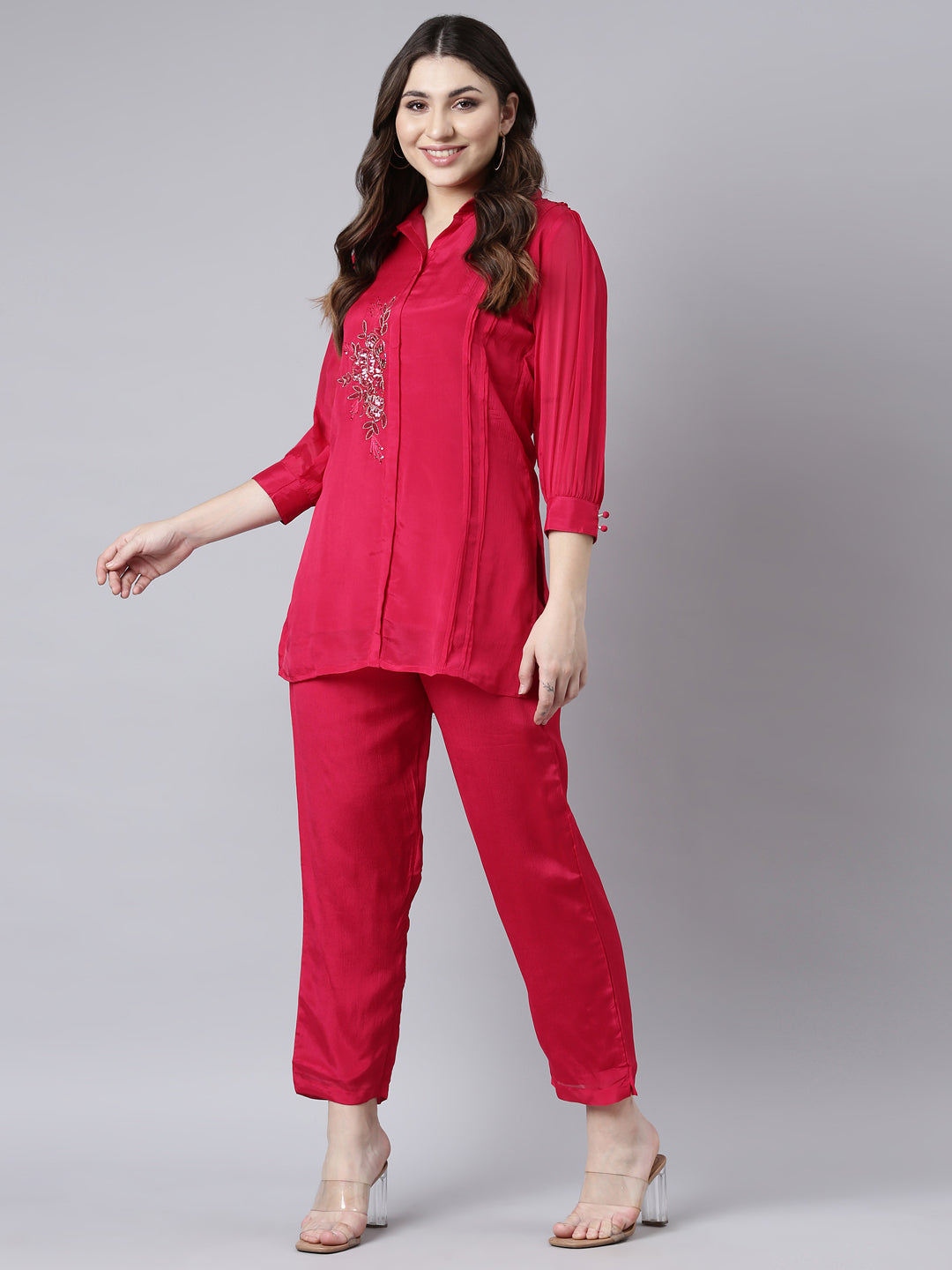 Neerus Pink solid straight co-ord set top and trouser - detail view 2