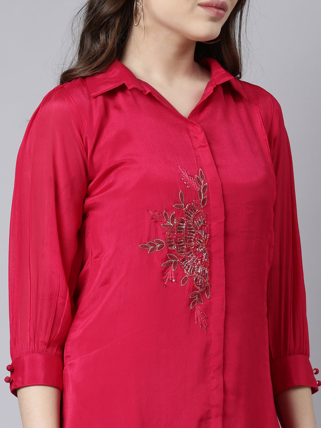 Neerus Pink solid straight co-ord set top and trouser - detail view 1