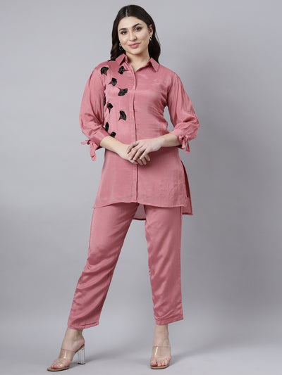 Neerus Pink Regular Straight Solid Top And Trousers