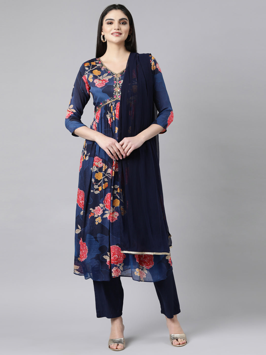 Neerus Blue Floral Printed Straight Suit Set - front view