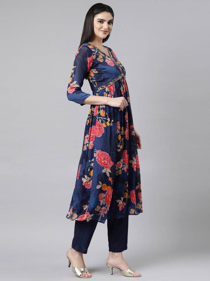 Neerus Blue Floral Printed Straight Suit Set - back view