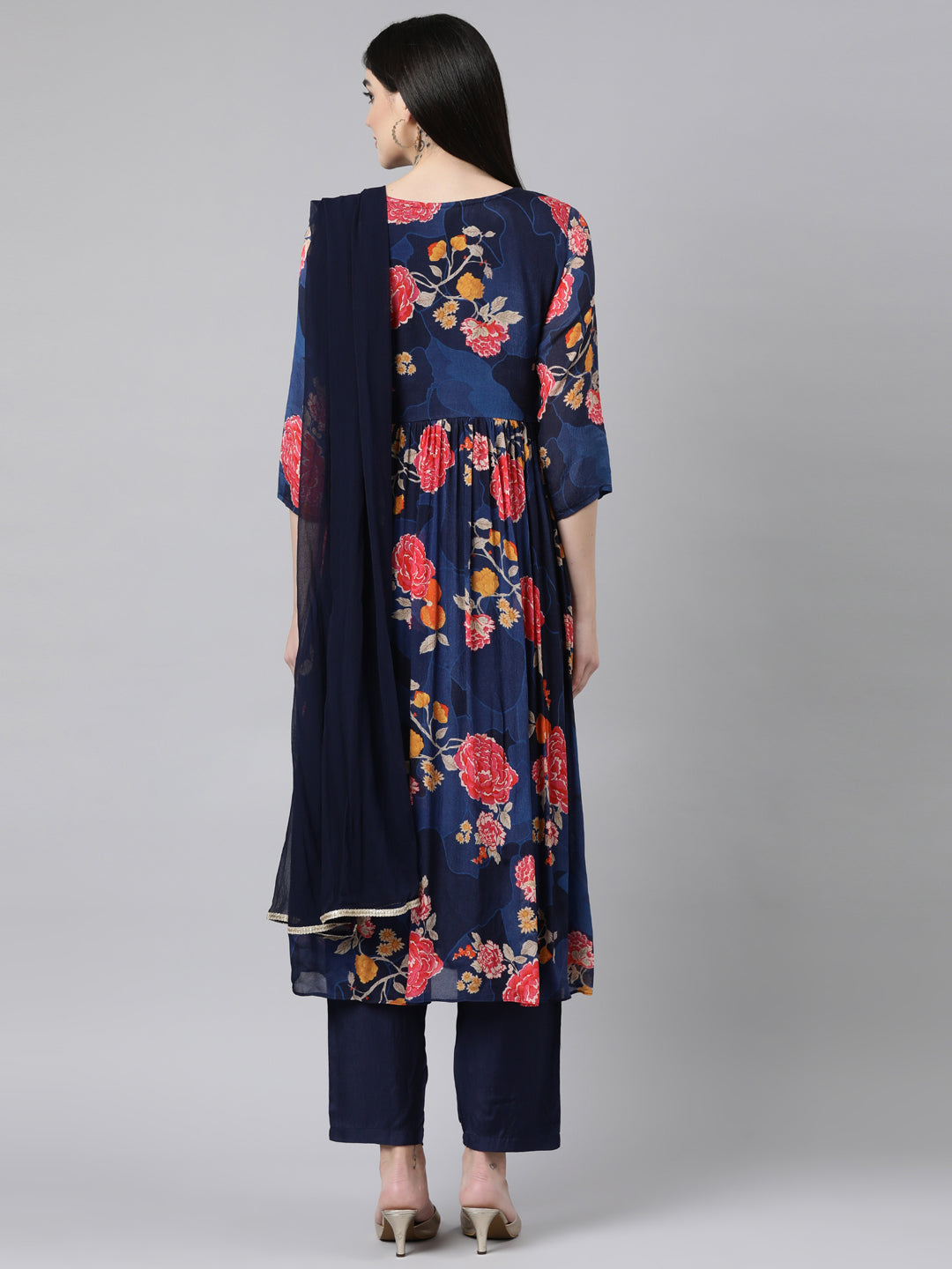 Neerus Blue Floral Printed Straight Suit Set - side view