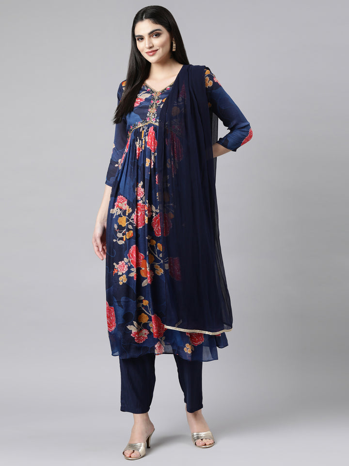 Neerus Blue Floral Printed Straight Suit Set - detail view 2