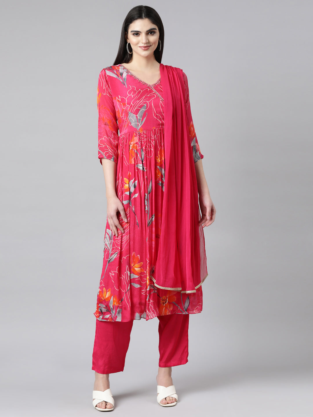 Neerus Pink printed floral straight suit set - front view