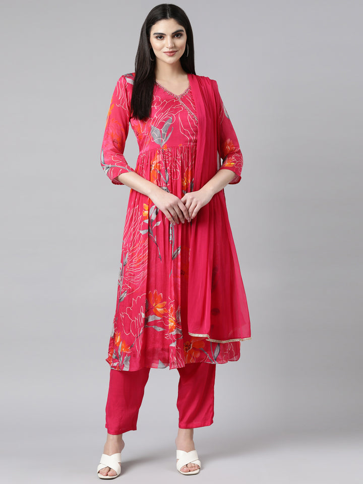 Neerus Pink printed floral straight suit set - detail view 2