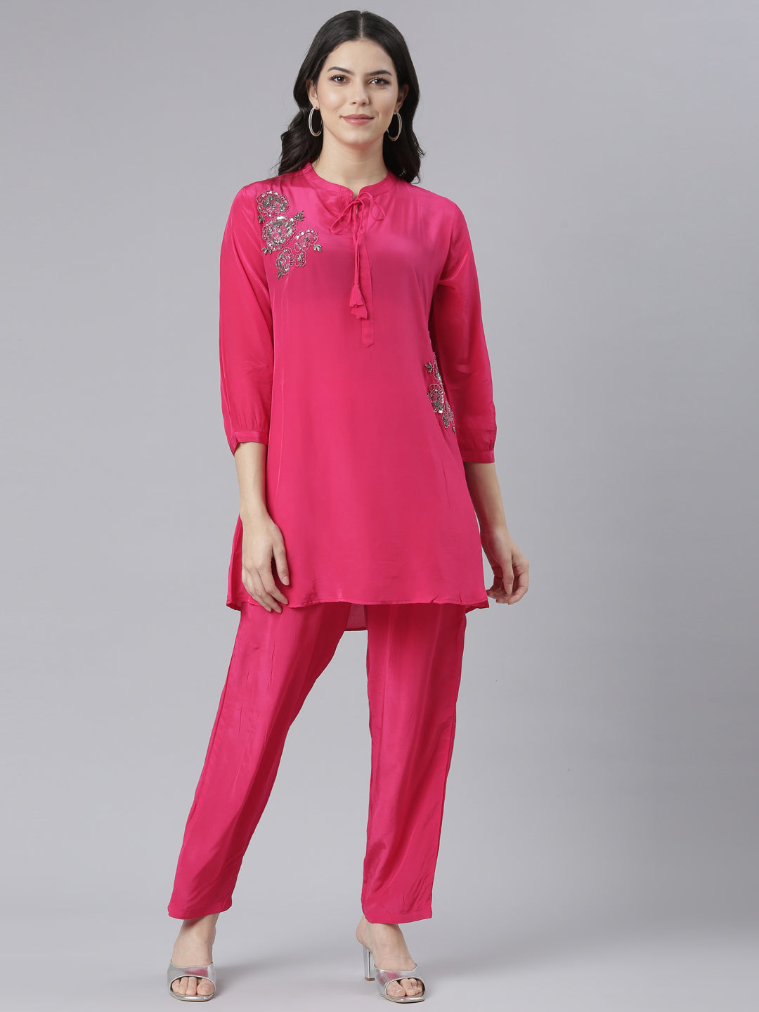 Neerus Pink solid straight kurta set with trouser - front view