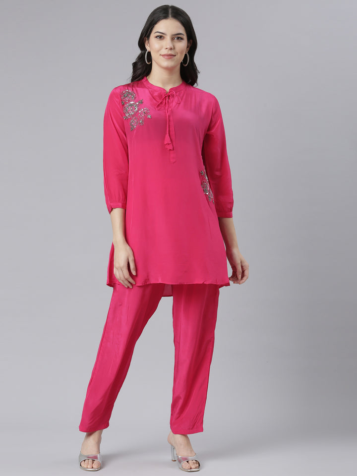 Neerus Pink solid straight kurta set with trouser - front view