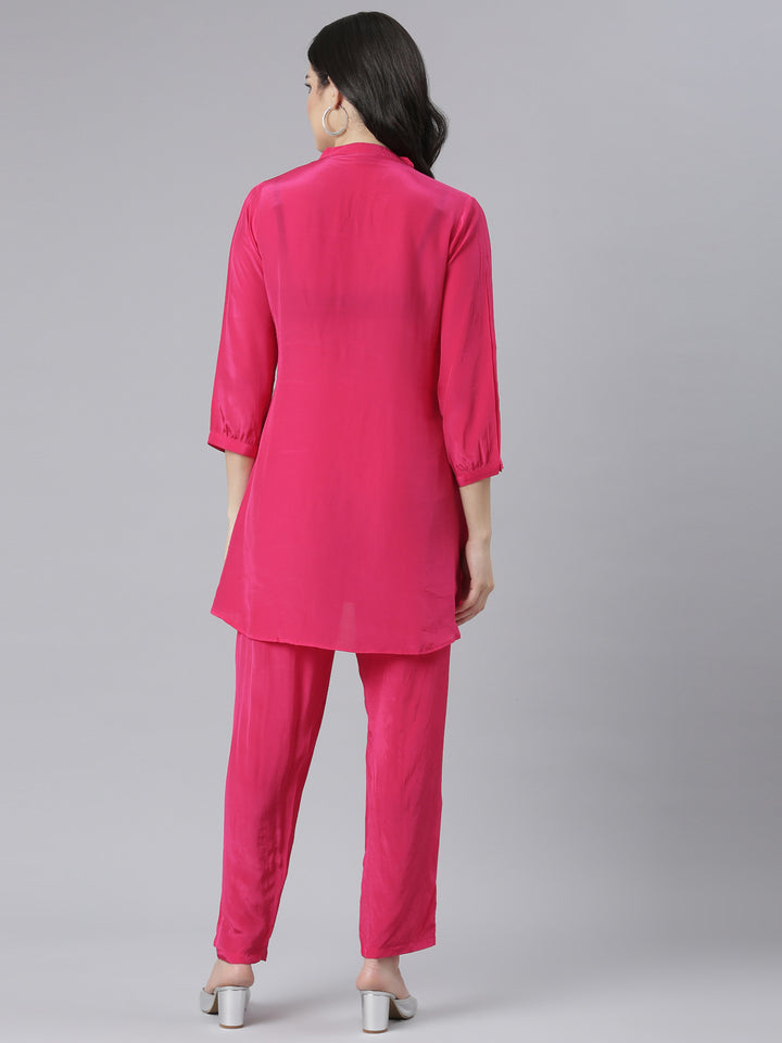 Neerus Pink solid straight kurta set with trouser - side view