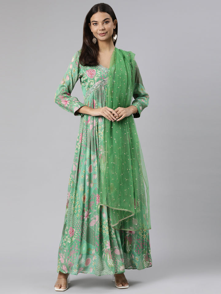 Neerus Green Flared Casual Floral Dresses