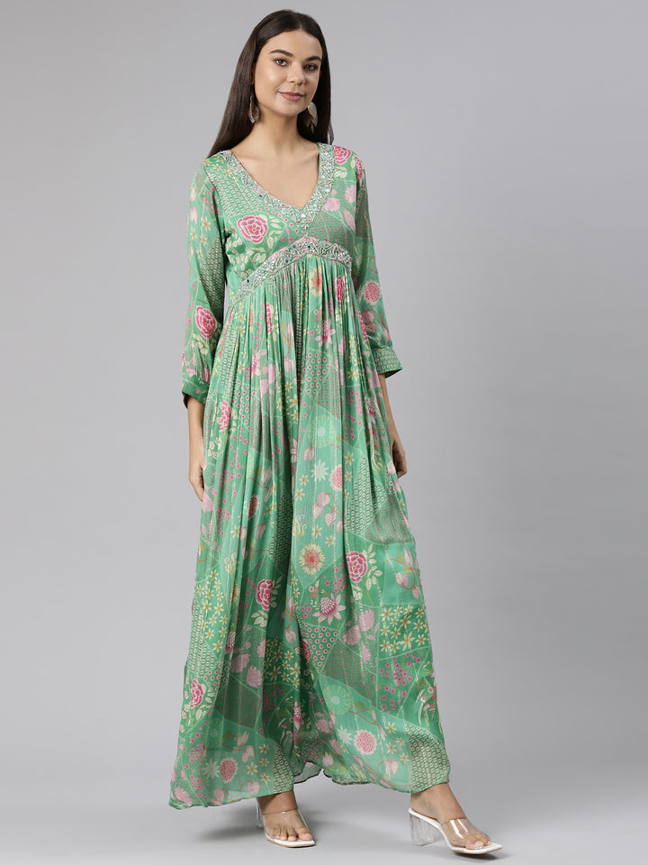 Neerus Green Flared Casual Floral Dresses