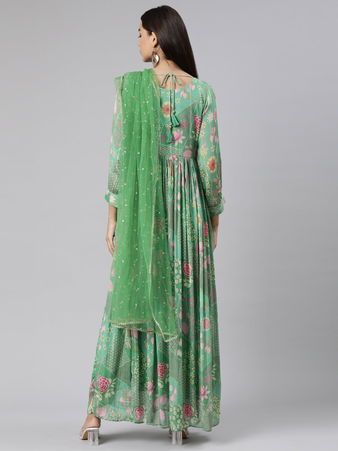Neeru's Green Flared Casual Floral Dresses