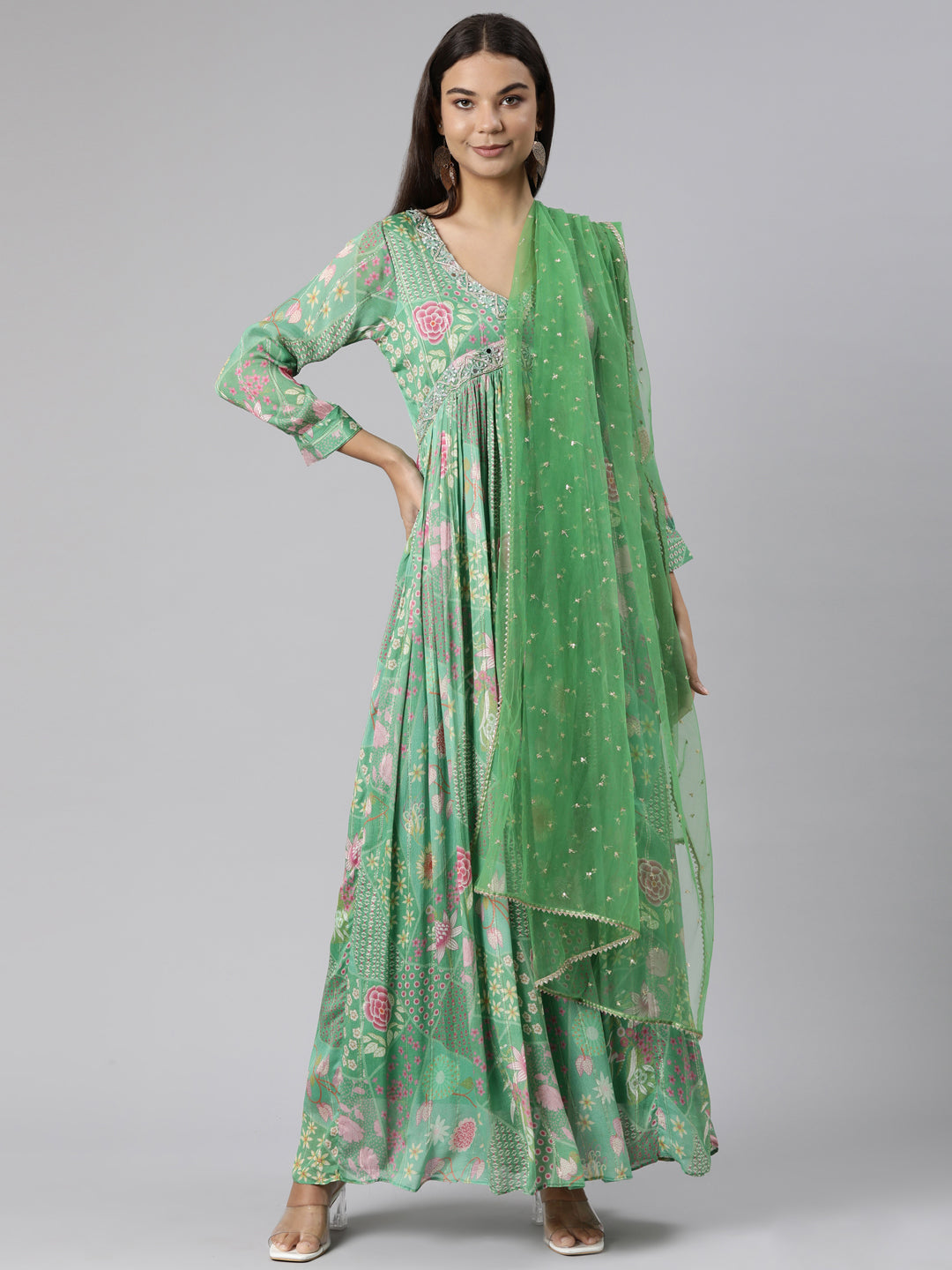 Neeru's Green Flared Casual Floral Dresses