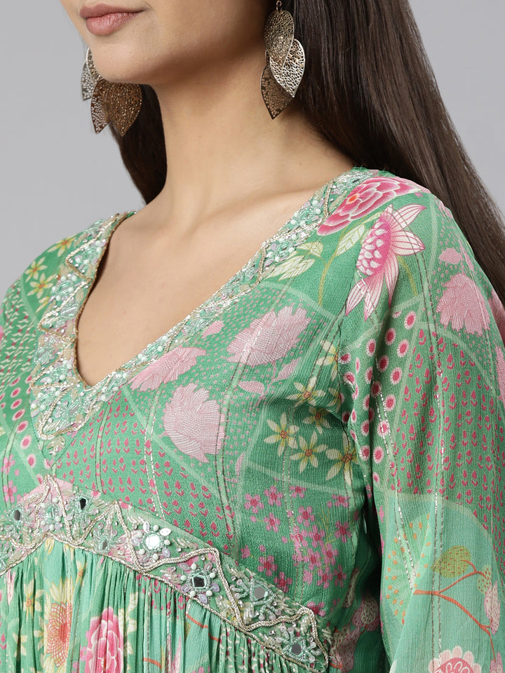 Neerus Green Flared Casual Floral Dresses