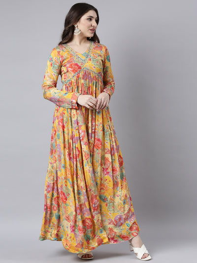 Neerus Mustard Flared Casual Floral Fit and Flare Dresses