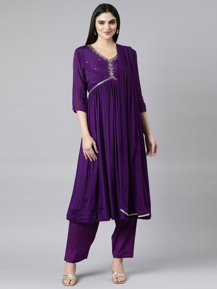 Neerus Purple solid pleated straight suit set - front view