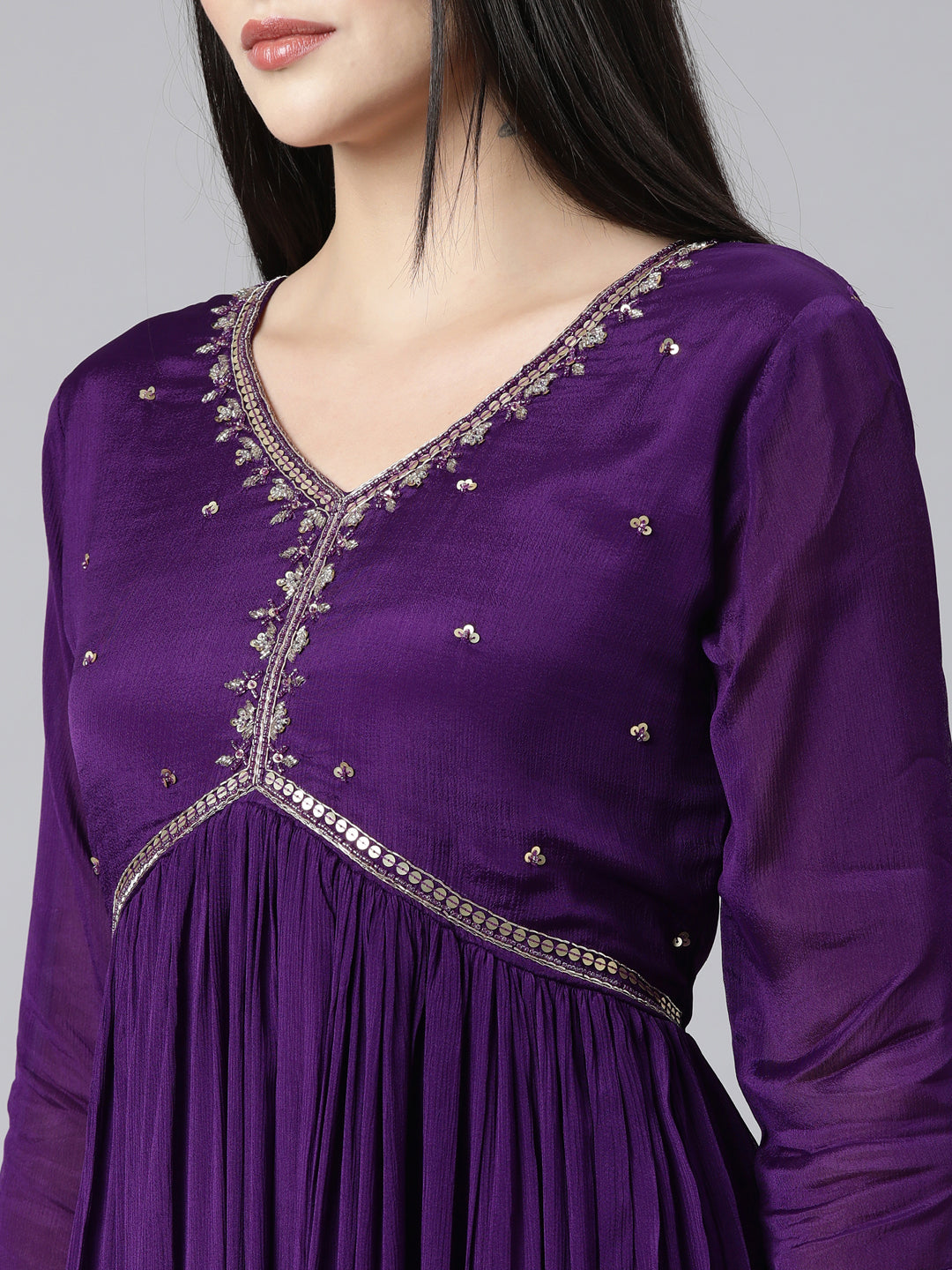 Neerus Purple solid pleated straight suit set - detail view 1