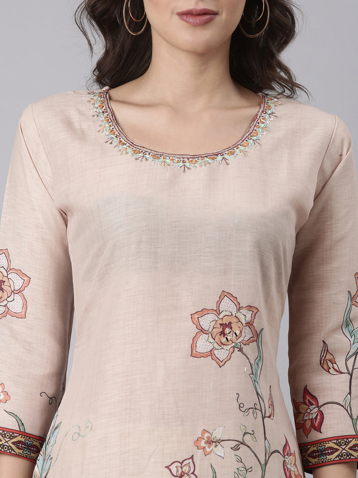 Beige Slub Rayon Printed Three Piece Set
