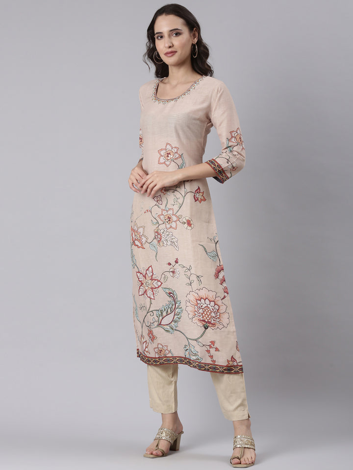 Beige Slub Rayon Printed Three Piece Set