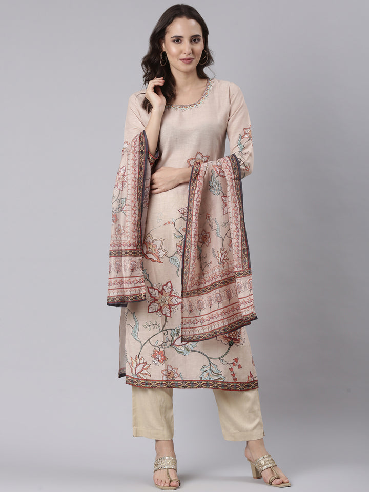 Beige Slub Rayon Printed Three Piece Set
