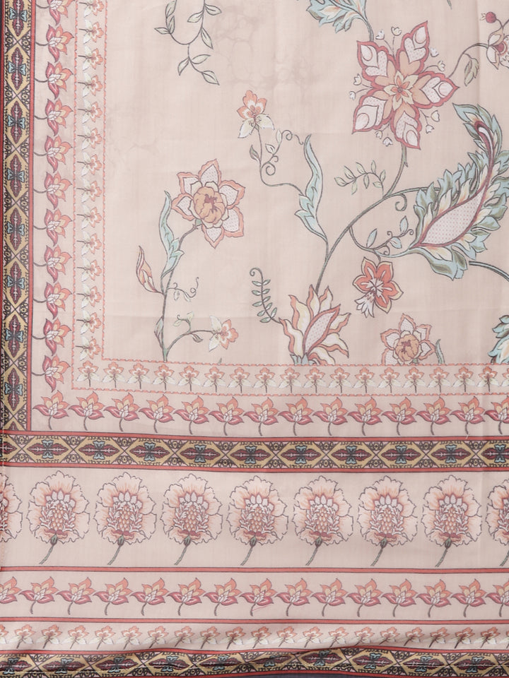 Beige Slub Rayon Printed Three Piece Set