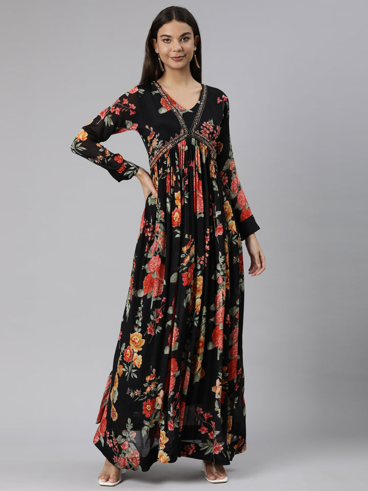 Neerus Black Flared Casual Floral Dresses
