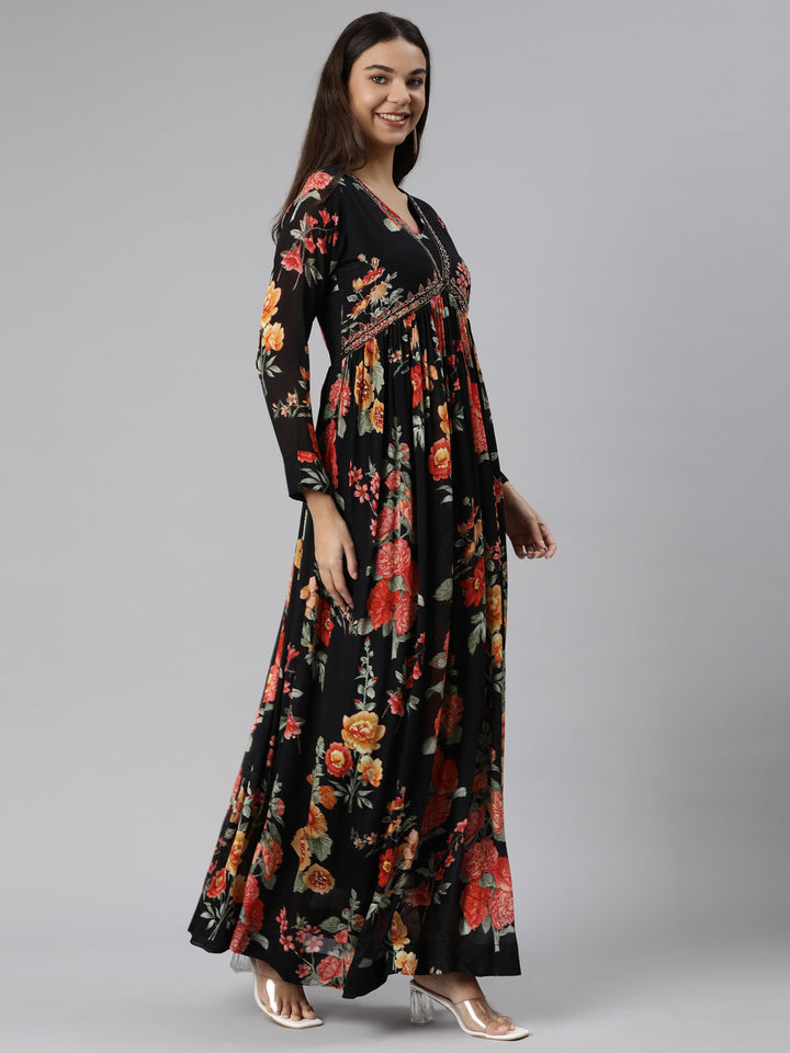 Neerus Black Flared Casual Floral Dresses
