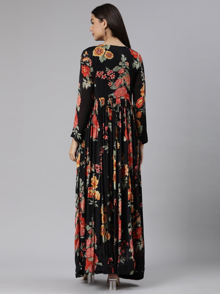 Neerus Black Flared Casual Floral Dresses