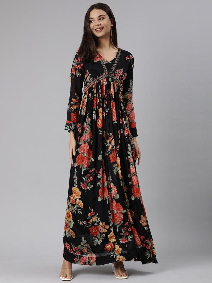 Neerus Black Flared Casual Floral Dresses