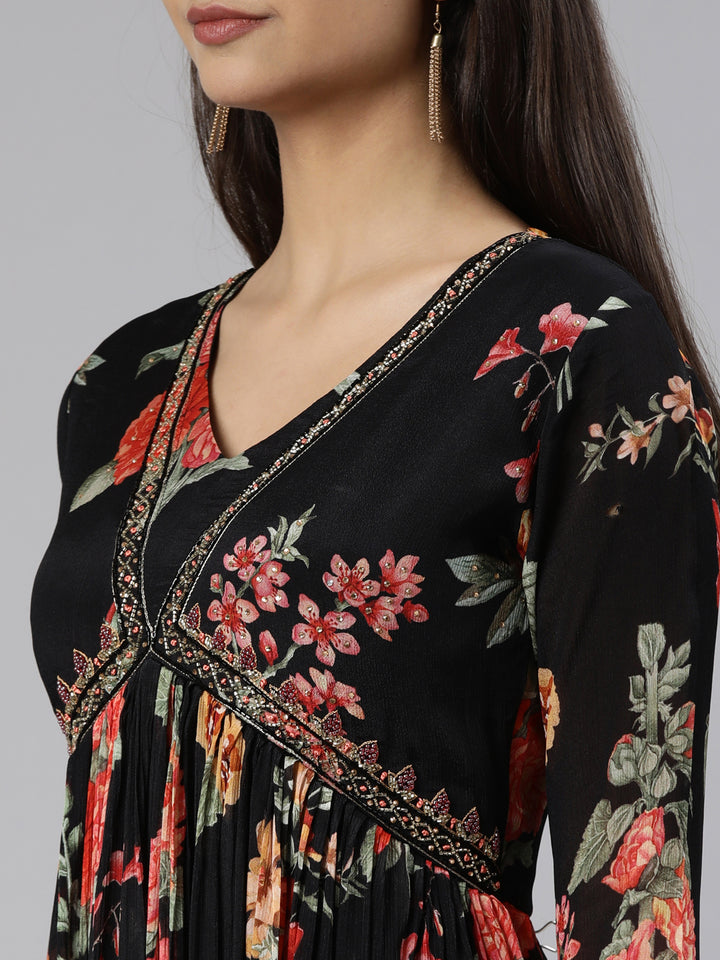 Neerus Black Flared Casual Floral Dresses