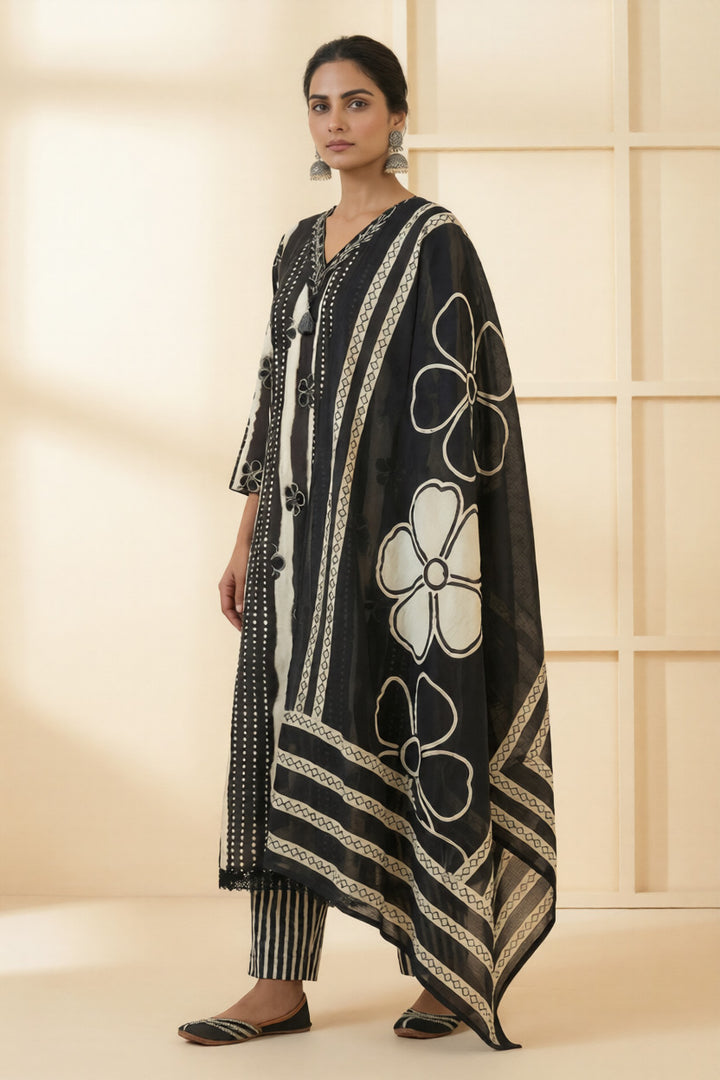 Black Cotton Floral Sequins And Hand Embroidery Suit Set