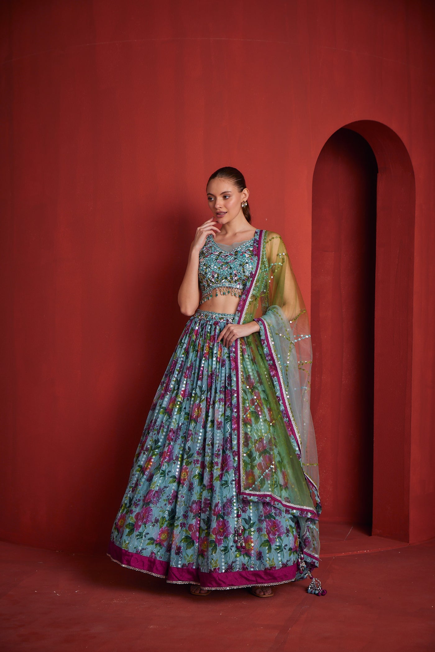 NEERU'S WOMENS SEA GREEN COLOUR GHAGRA SET