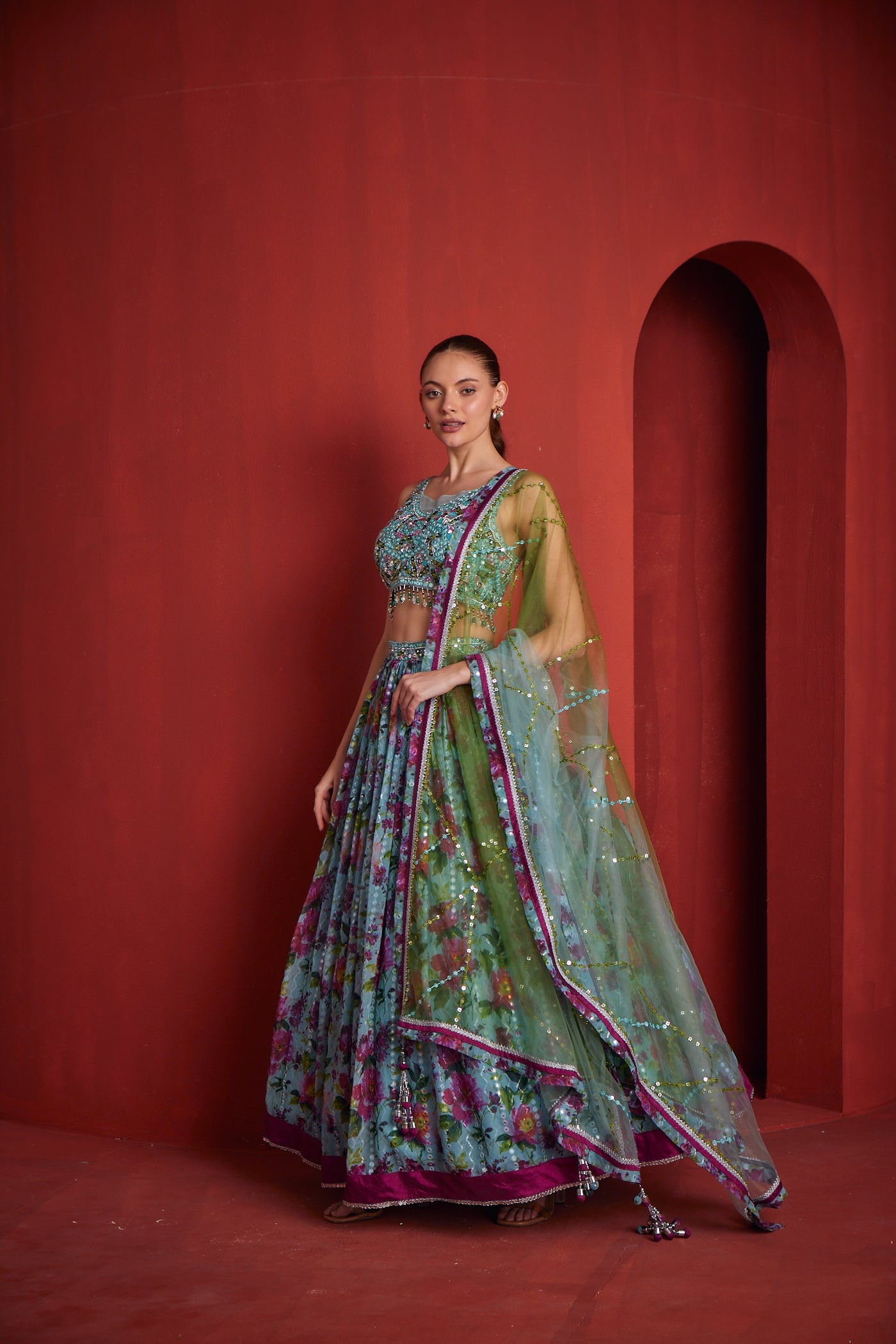 NEERU'S WOMENS SEA GREEN COLOUR GHAGRA SET