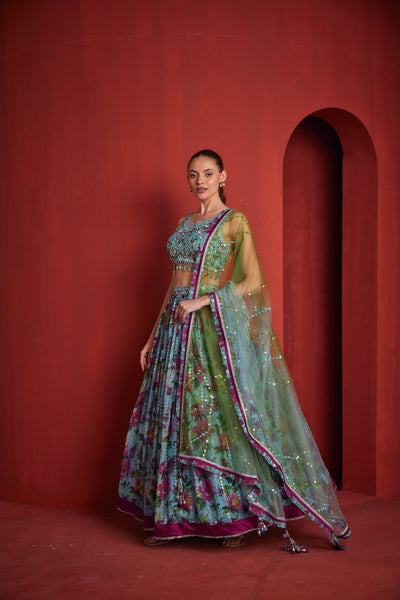 NEERU'S WOMENS SEA GREEN COLOUR GHAGRA SET