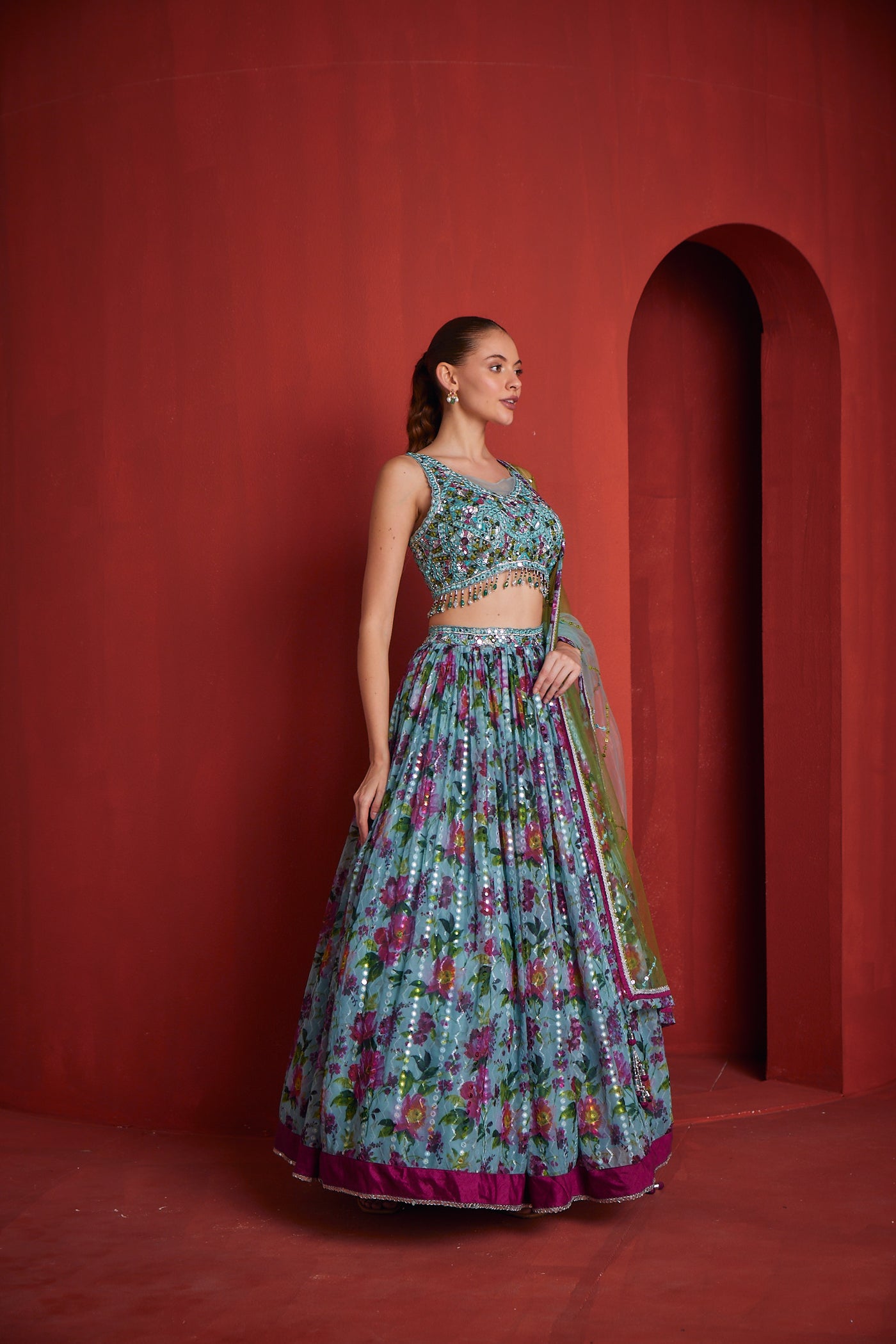 NEERU'S WOMENS SEA GREEN COLOUR GHAGRA SET