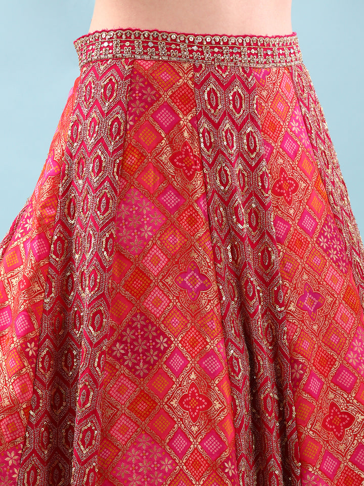 Rani Pink Banaras Silk Digital Print With Embroidery Ghagra Set