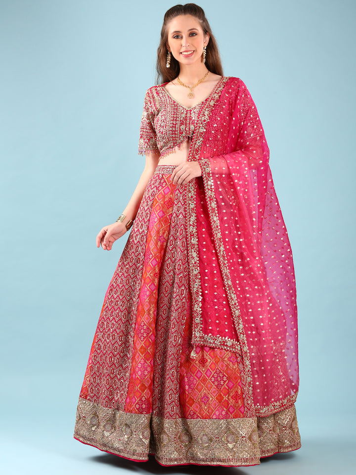 Rani Pink Banaras Silk Digital Print With Embroidery Ghagra Set