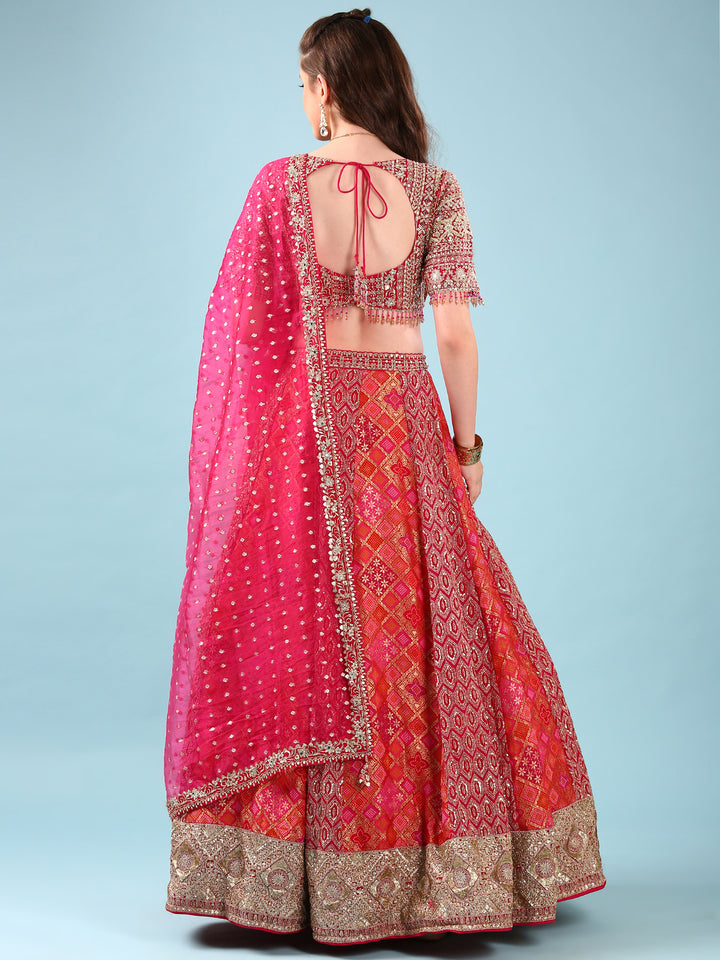 Rani Pink Banaras Silk Digital Print With Embroidery Ghagra Set