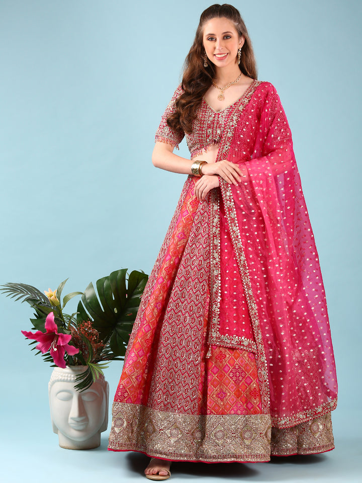 Rani Pink Banaras Silk Digital Print With Embroidery Ghagra Set
